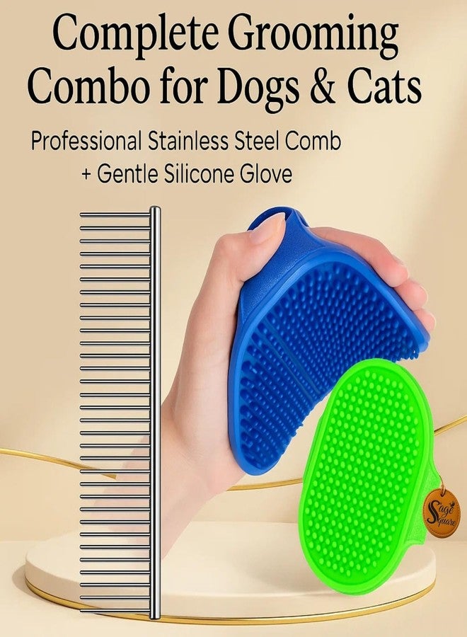 Sage Square Full Steel Grooming Comb & Palm Bath Massage Comb for Dogs & Cats | Dual Pet Grooming Set for Shedding, Detangling, Bathing & Massaging | Gentle on Skin, Removes Loose Hair, Dirt & Tangles - Image 2